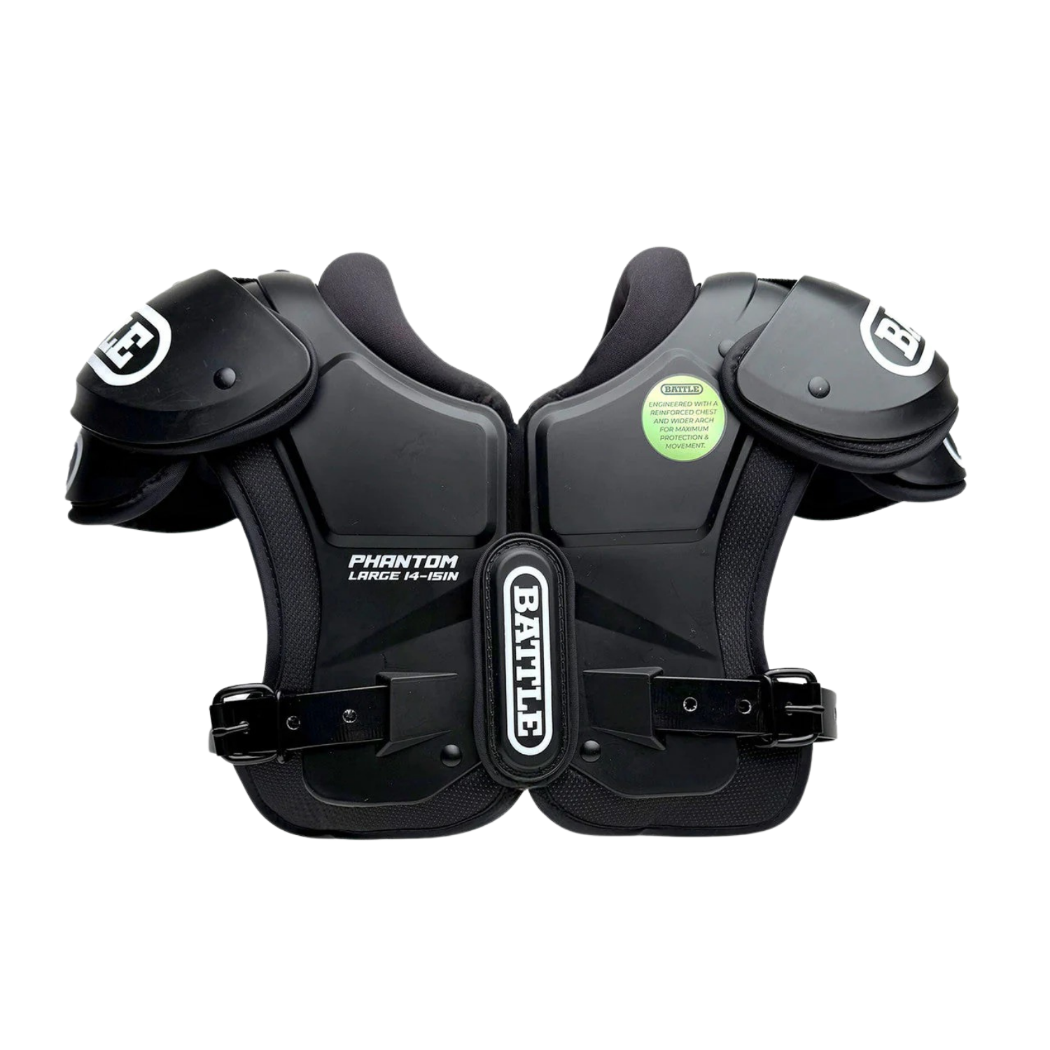 Battle Phantom youth shoulder pads in black with lightweight low profile design for American football players