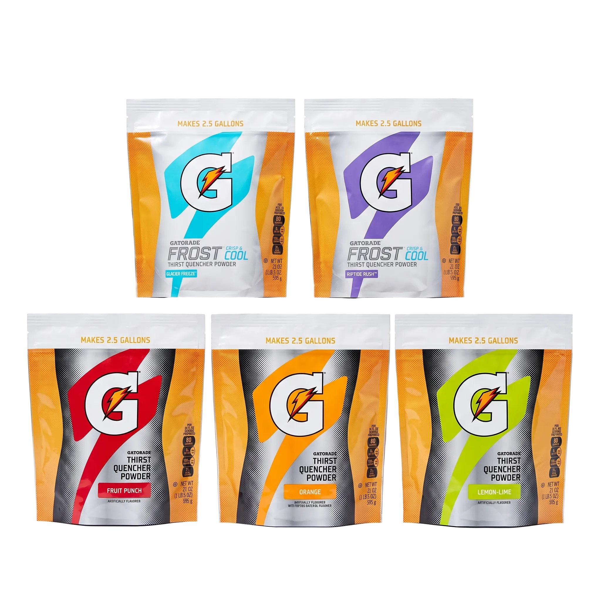 Five large Gatortees Frost Cool quenchert powder pouches arranged in two rows on a white background. The top row contains two white pouches with orange sides and blue/purple G logos, and the bottom row contains three orange-sided pouches with red, orange, and green G logos.