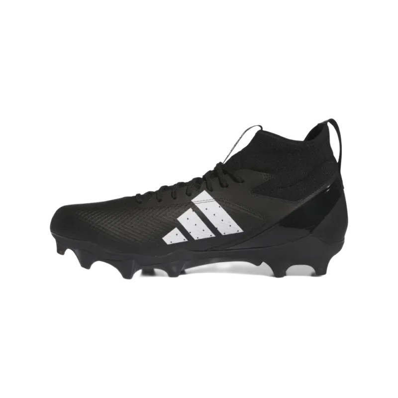 Black Adidas Adizero Impact Mid American football cleat with white stripes and synthetic cleated outsole.