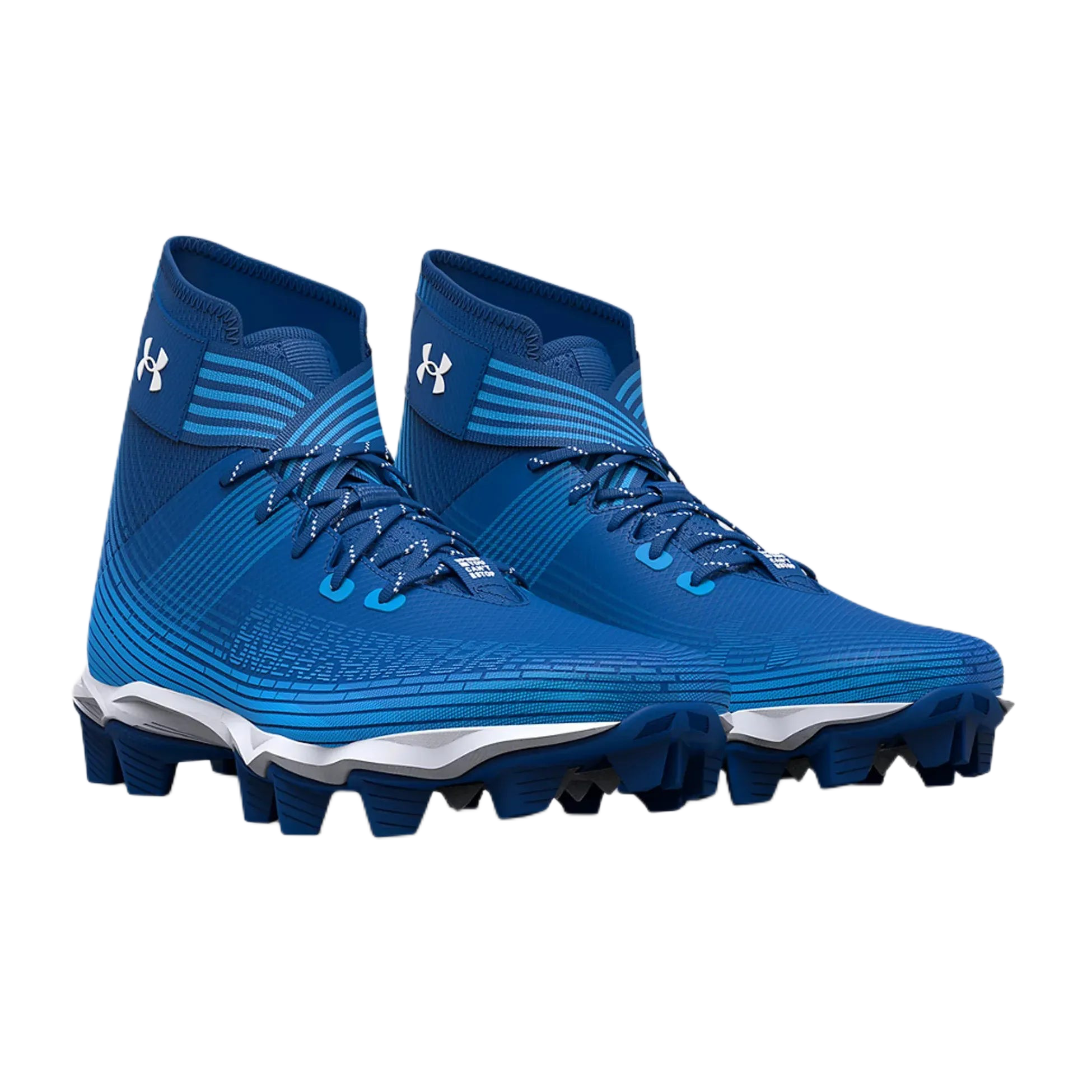 Blue Under Armour Highlight football cleats with synthetic upper and rubber molded cleats for traction and support
