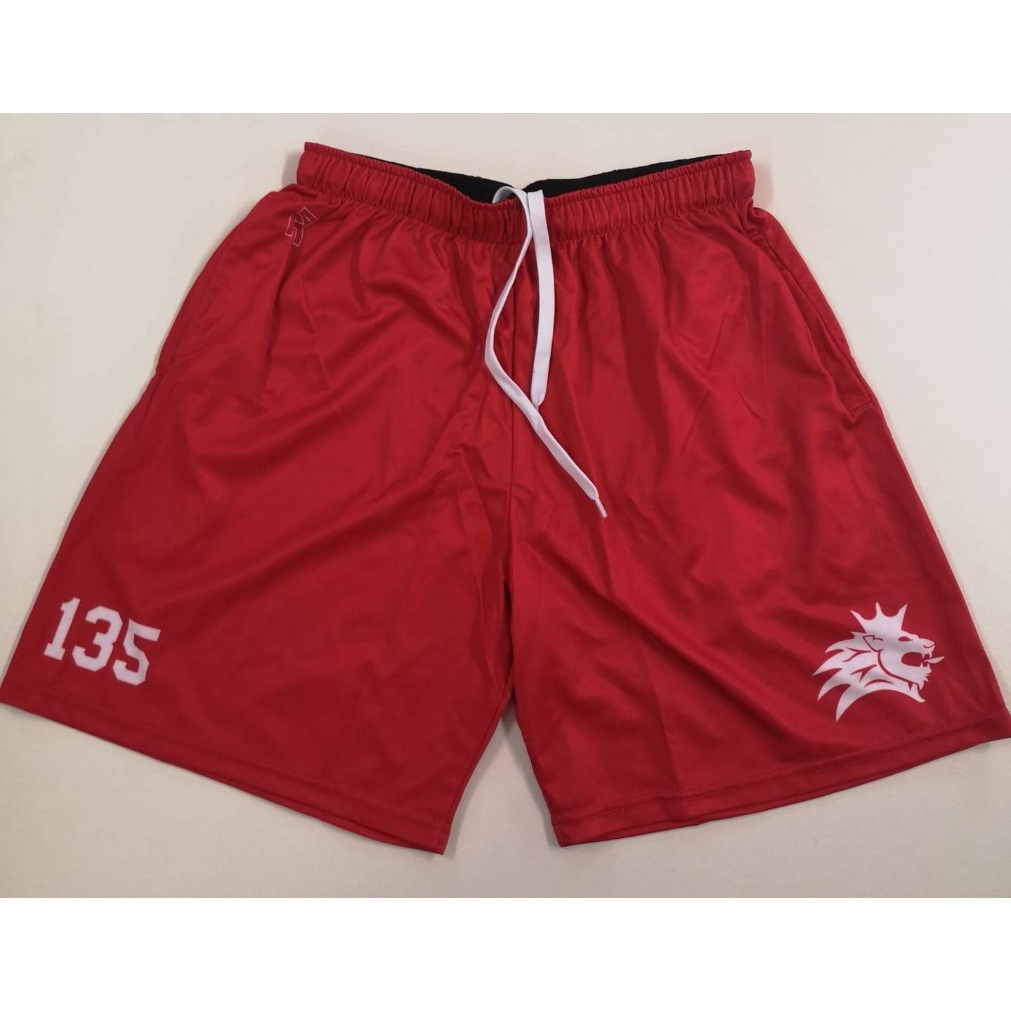 Red TRC Player's Shorts with white drawstring, number 135, and Tyresö Royal Crowns logo