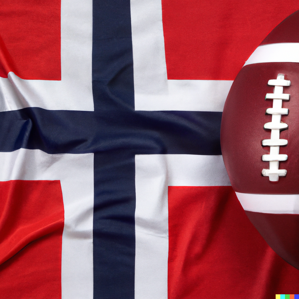 American football resting on a Norwegian flag representing Amerikansk fotboll in Norway.