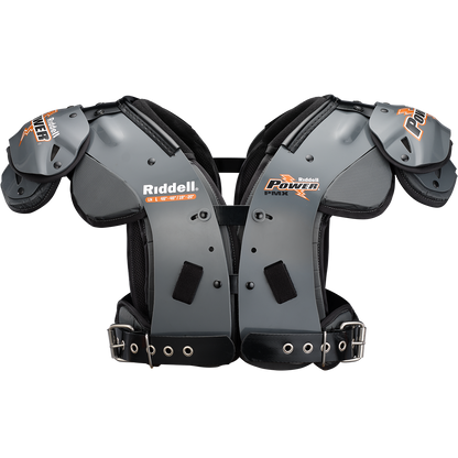 Riddell Power PMX Linemen shoulder pads with energy management materials, swivel pivot arch attachment, and adjustable pivot belting system.