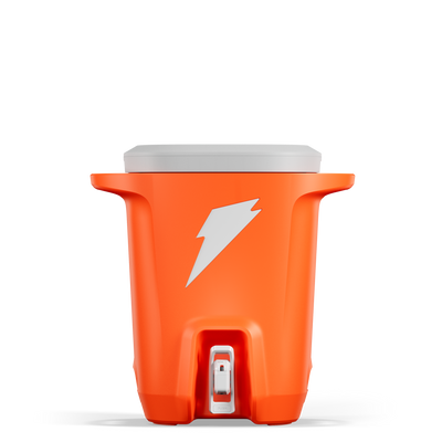 Gatorade Dunk hydration cooler in orange, front view showing spigot and bolt logo