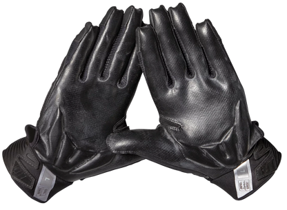Black Nike D Tack 6.0 FG lineman gloves with protective gel padding and sticky Hydragrip palms for enhanced grip and comfort.