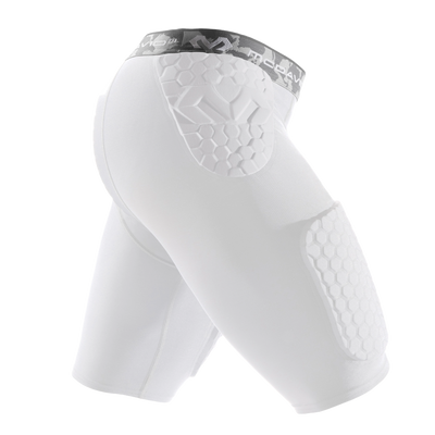 Hvide McDavid Hex Thudd 5-piece compression shorts med sekskantet beskyttende polstring på hofter og lår.