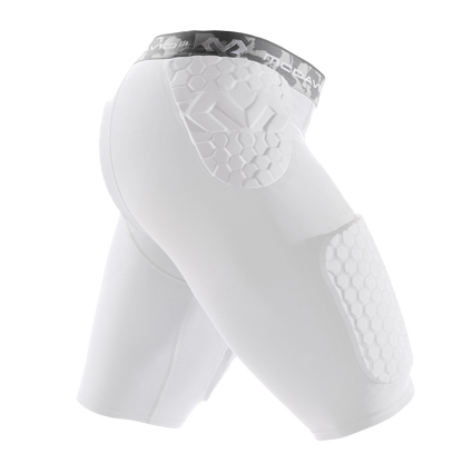 White McDavid Hex Thudd 5-piece compression shorts with hexagonal protective padding on hips and thighs.