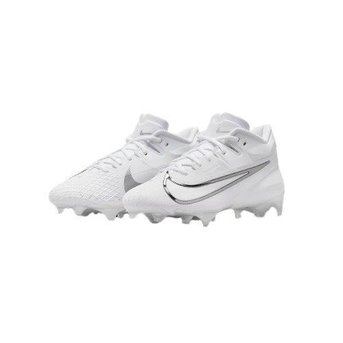 Nike Vapor Edge Elite 360 white football cleats with silver swoosh and wide stud design for flexible support and quick cuts