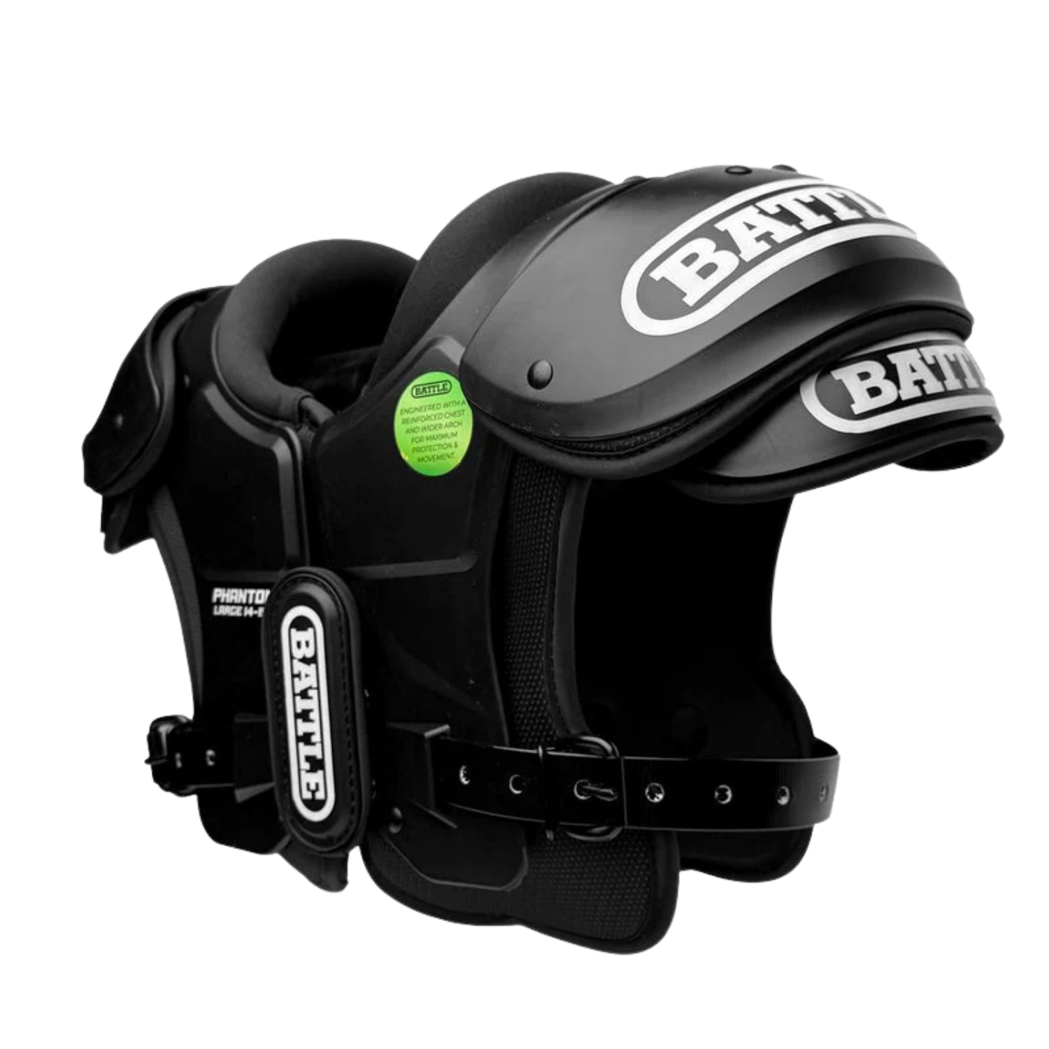 Battle Phantom youth shoulder pads in black with lightweight low profile design for American football players
