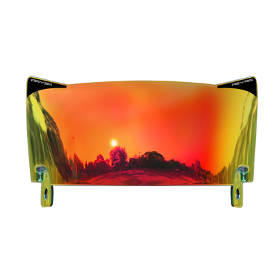 Reyrr VIZU Inferno football visor with ultra-wide, distortion-free red lens for Riddell Speedflex and Schutt F7 helmets, offering UV protection and LuxeXray Optics technology.