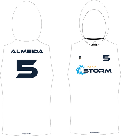 REYRR X Nordic Storm 7V7 sleeveless white hoodie with personalized name and number design
