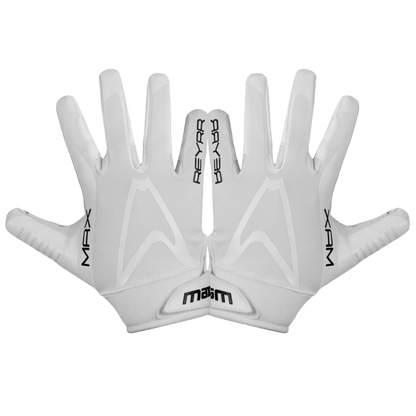 White IB MAX Floorball Goalie Practice Gloves with Reyrr MAX branding and silicone grip technology.