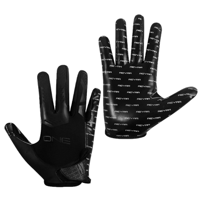Pair of black Reyrr ONE gloves with GripTack Pro palm technology and breathable nylon back, designed for superior grip and comfort in athletic performance.