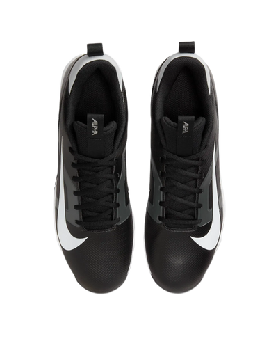 Top view of Nike Alpha Menace 4 Shark black athletic shoes with white swoosh logo and secure lace system.