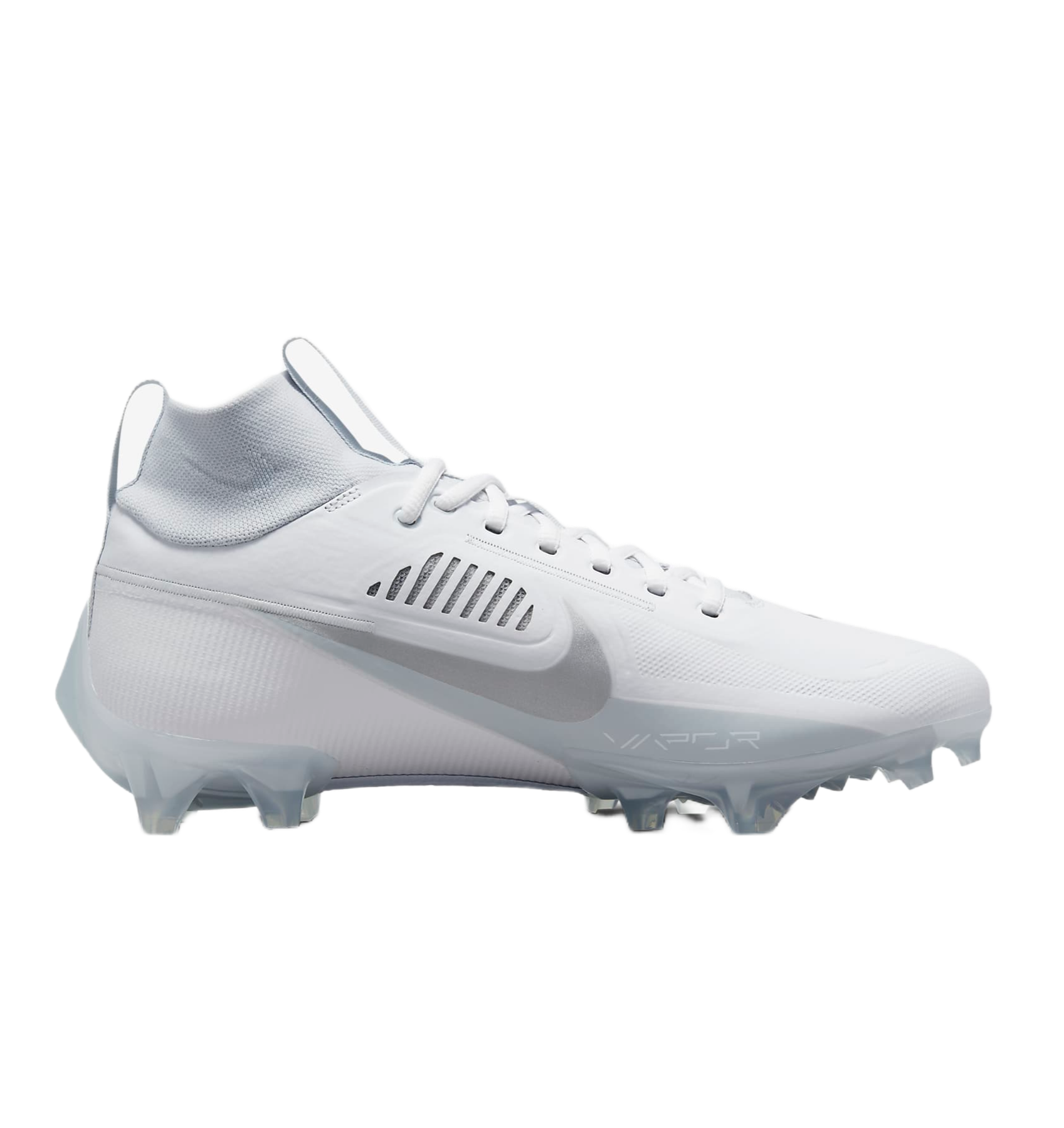 Nike Vapor Edge Pro 360 2 white football cleat with molded upper, traditional laces, and textured NikeSkin overlay for support and durability