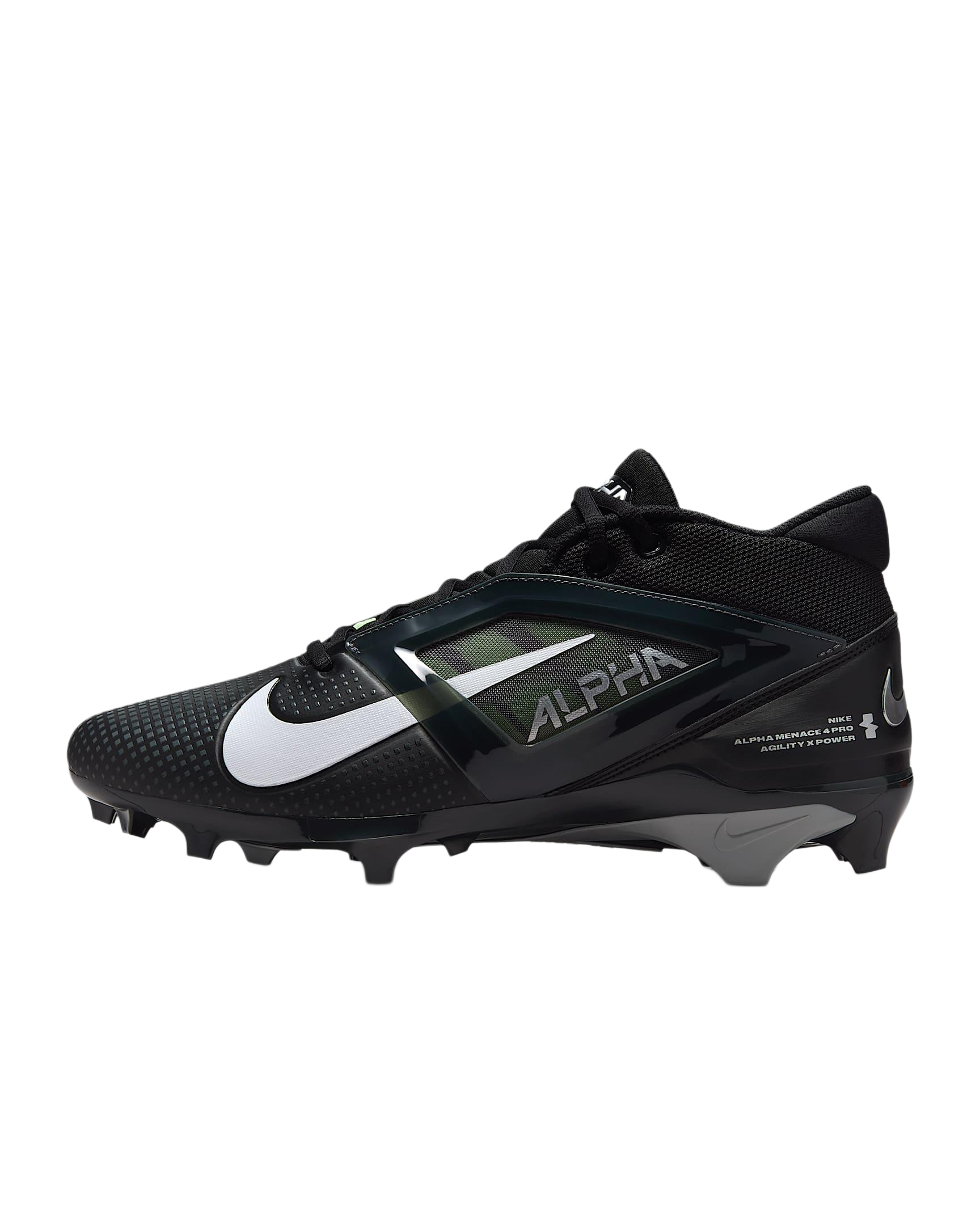 Nike Alpha Menace 4 Pro black and white football cleat with durable breathable upper and aggressive sole for playmaking.