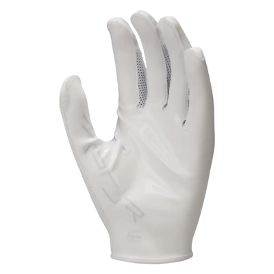 White Nike Vapor Jet 8.0 football glove with Magnigrip+ palms and breathable perforated fingers for enhanced grip and cooling.