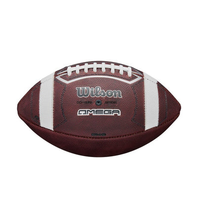 Wilson Omega football side view with sewn-on stripes and enhanced grip features