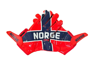 Reyrr ELITE Nordic Edition football gloves with Norway flag design and Vapor-Stick Grip Technology for superior catch performance and breathability.