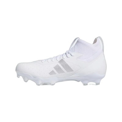 White Adidas Adizero Impact Mid American football cleats with synthetic upper and cleated outsole, eco-friendly design with recycled materials.