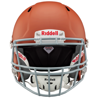 Front view of Riddell Victor-I youth football helmet in orange with gray facemask and black interior padding