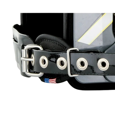 Close-up of adjustable black strap and buckle on Xtech X2 Shoulder Pads for secure fit and comfort.