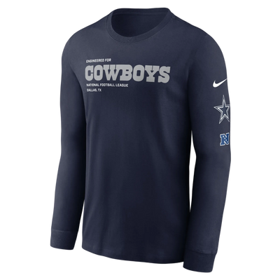 Navy long-sleeve shirt with 'Cowboys' text and Nike logo on a white background