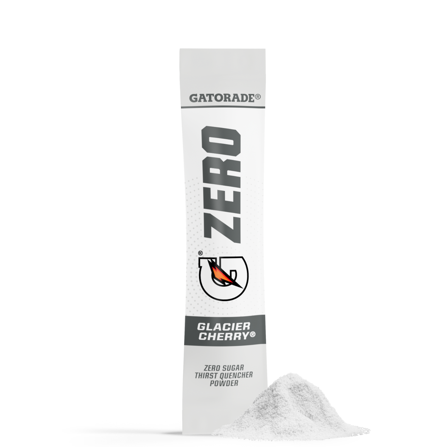 Gatorade Zero Glacier Cherry powder packet on a white background