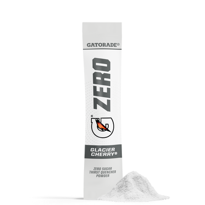 Gatorade Zero Glacier Cherry powder packet on a white background