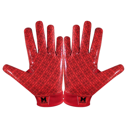 Red Reyrr Zero gloves with black pattern and wrist size label, designed for superior grip and comfort in football and floorball.