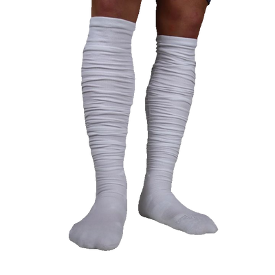 White REYRR™ scrunched football socks with moisture-wicking fabric and padded support