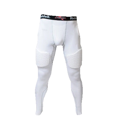 Riddell Five-Piece full length compression tight with integrated hip, tail, and thigh pads, sewn-in athletic cup pocket, elastic waistband, and moisture-wicking fabric