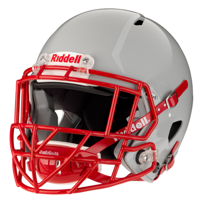 Riddell Victor-I youth football helmet in gray with red facemask designed for enhanced impact protection and custom fit comfort.