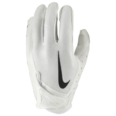 White Nike Vapor Jet 7 football glove with black swoosh logo and breathable, grip-enhancing design