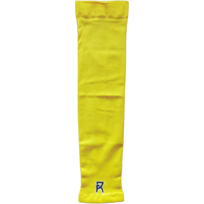 Yellow Reyrr compression arm sleeve made of breathable, sweat-wicking, and elastic fabric with a small logo near the wrist.